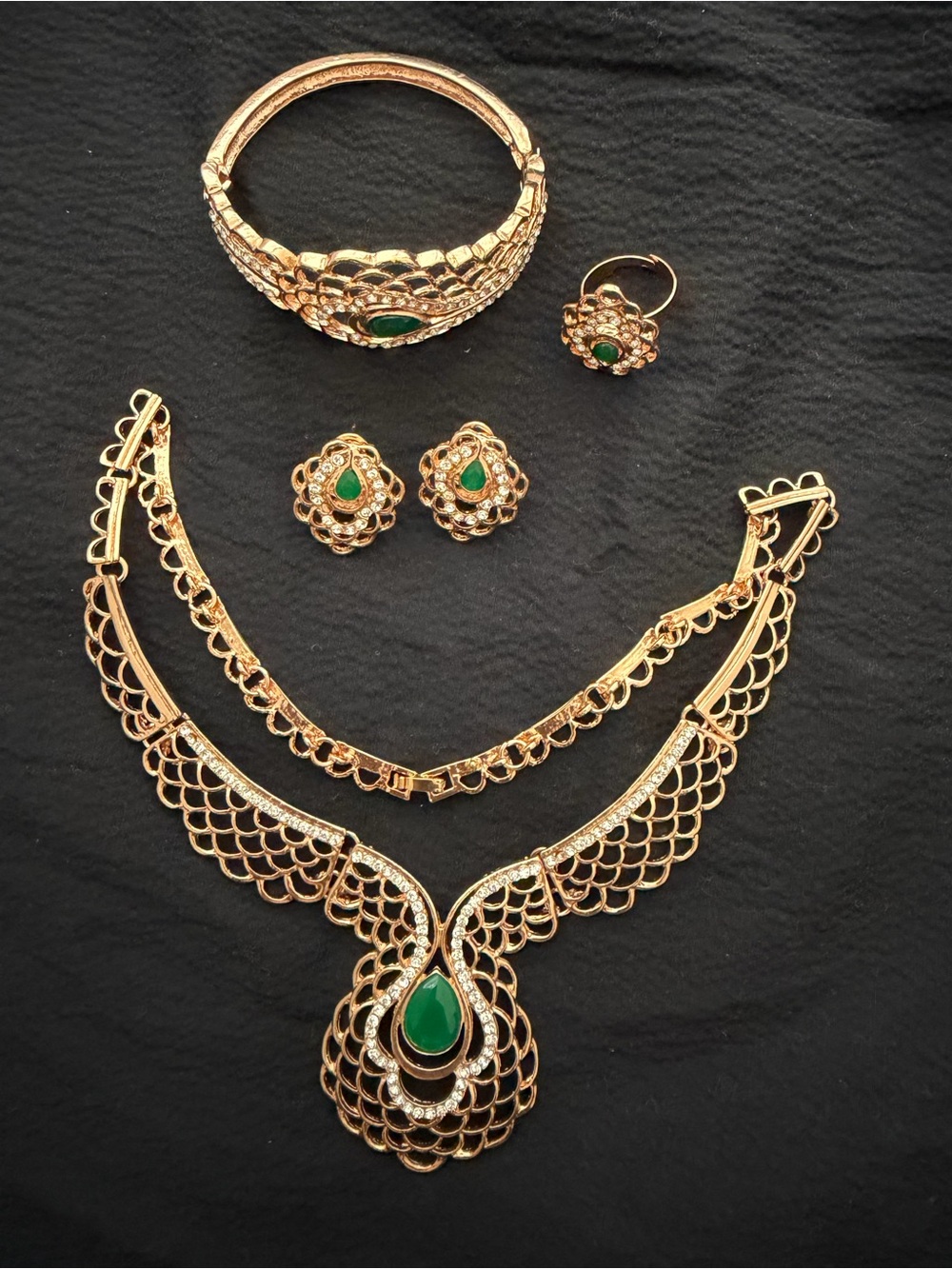 Gold-Tone Green Stone Necklace Set for Women